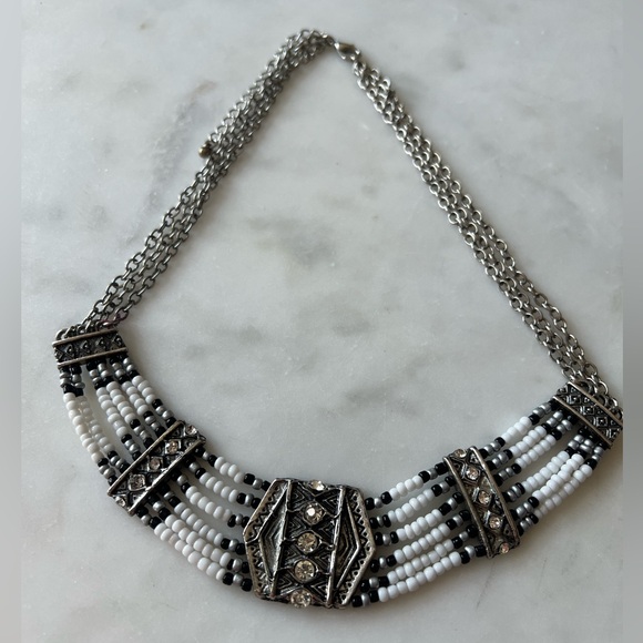 Boho Beaded Tribal Statement Necklace – Black & White 9.5” - Picture 2 of 2